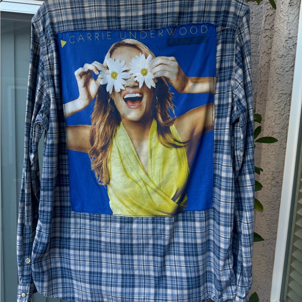 H&M Blue Plaid Top with Graphic Print